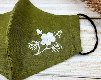 Hand embroidered linen face mask with filter pocket and nose wire - olive, face mask Canada, ship USA