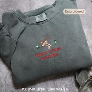 Comfort Colors Cowboy Embroidered Hold Your Horses Western Sweatshirt, Rodeo cowgirl trendy aesthetic Sweater vintage inspired retro