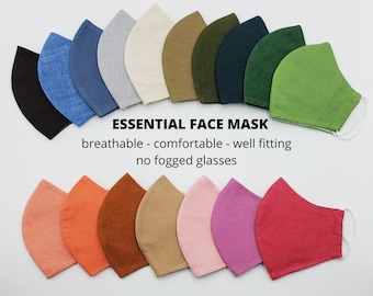 Face mask - natural fabric w/ filter pocket and nose wire, face mask for women/teens, for small/average face, spring summer mask