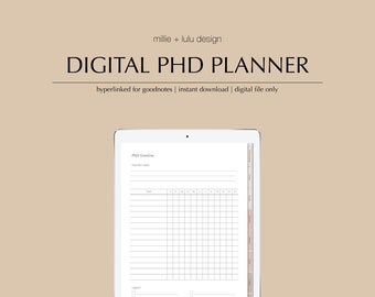 May include: A digital PhD planner on a tablet screen. The planner includes a timeline with sections for important dates, tasks, and a legend.