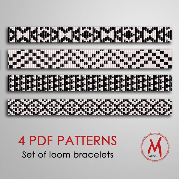 Pattern set of 4 loom bracelets, bead loom pattern in PDF, black and white pattern, simple set patterns, miyuki 11/0 - PDF instant download