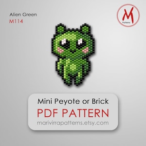 May include: A green pixelated alien design. The alien has large black eyes, pink cheeks, and a black outline. The text "Alien Green M114" is at the top left. The text "Mini Peyote or Brick PDF PATTERN" is at the bottom.