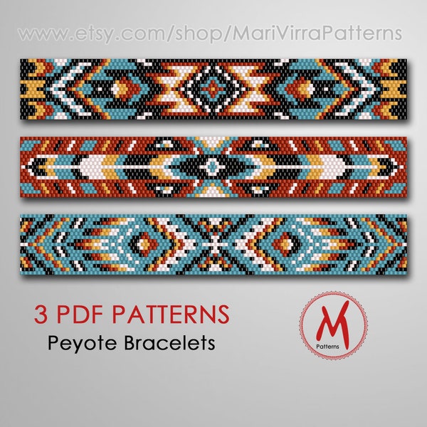 Motifs de perles de flèche Peyote pour bracelets - Ensemble de 3 motifs, style indien d'inspiration indigène, perles de rocaille miyuki taille 11/0 - Téléchargement instantané PDF