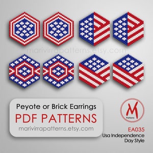 May include: Eight different beading patterns for earrings in the shape of hexagons. The patterns are all red, white, and blue and feature stars and stripes. The patterns are labeled "Peyote or Brick Earrings PDF Patterns" and "marivirrapatterns.etsy.com".