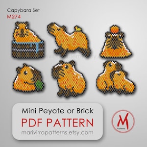 May include: A set of six beaded capybara designs in shades of orange, brown, and black. The image includes a capybara in a barrel, and a mother and baby capybara. The text reads "Capybara Set M274" and "Mini Peyote or Brick PDF Pattern".