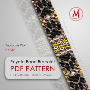 Puede incluir: Patrón de pulsera de cuentas peyote con huellas de lobo, cuentas marrones, negras, blancas y amarillas. Footprints Wolf PY239. marivirrapatterns.etsy.com