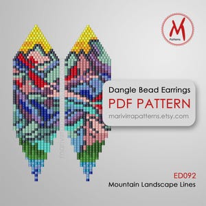 May include: A pair of dangle bead earrings with a mountain landscape design. The earrings feature a colorful pattern of mountains, with yellow, red, blue, and green hues. The text "Dangle Bead Earrings PDF Pattern" is displayed.