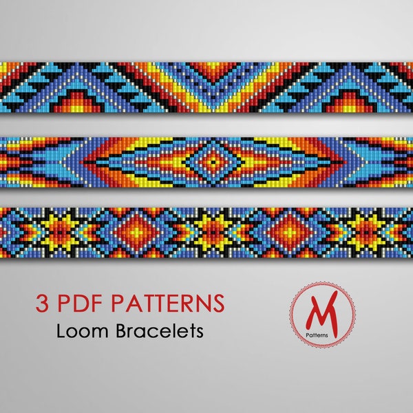 Native American Loom bead patterns for bracelets - Set of 3 pattern, indian inspired, southwest square, beads 11/0 - PDF instant download