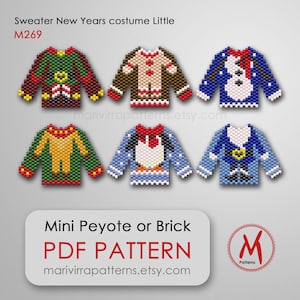 Puede incluir: Seis diseños de mini suéteres de cuentas en varios colores, incluyendo verde, marrón y azul. Cada suéter presenta patrones únicos con temática navideña. La imagen también incluye el texto "Mini Peyote or Brick PDF PATTERN".