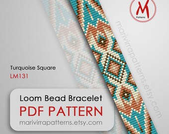 Turquoise Square Loom bead pattern for bracelet - native colours, ethno inspired pattern, seed beads 11/0 size - PDF instant download #LM131