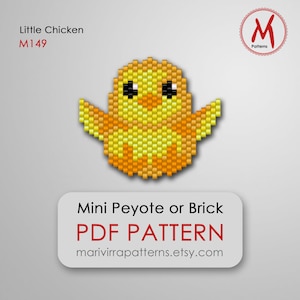 Peut inclure: Un modèle PDF pour un poussin en perles, appelé "Little Chicken M149", utilisant le point de peyote miniature ou le point de brique. Le modèle est disponible sur marivirrapatterns.etsy.com.