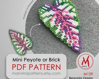 Begonia Green Brick bead pattern for earrings or brooch pin - mini pendant weaving, miyuki seed bead 11/0 size, PDF instant download #M129