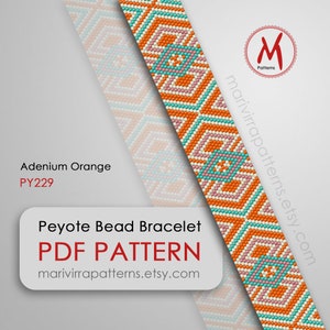 May include: A peyote bead bracelet pattern in orange, pink, turquoise, and white. The pattern is called "Adenium Orange" and the pattern number is PY229. The pattern is available as a PDF download from marivirrapatterns.etsy.com.