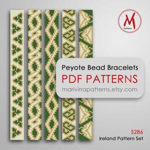 May include: Five different peyote bead bracelet patterns in green, white and gold colours. The patterns are labelled "Peyote Bead Bracelets PDF Patterns" and "marivirrapatterns.etsy.com". The set is called "Ireland Pattern Set" and costs £286.