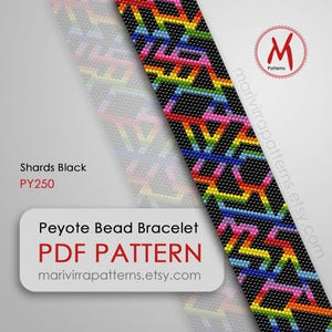 Könnte beinhalten: Ein farbenfrohes Peyote-Perlenarmband-Muster mit einem Regenbogen-Design. Das Muster ist für ein Armband namens "Shards Black PY250". Das Muster ist als PDF-Download von marivirrapatterns.etsy.com erhältlich.