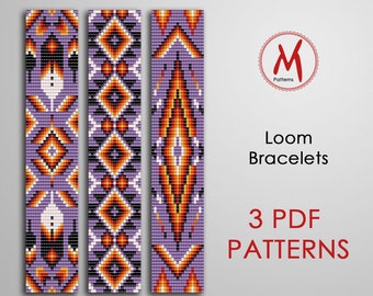 Violet Loom bead patterns for bracelets - Set of 3 pattern, native inspired, purple feathers, west indian, beads 11/0 - PDF instant download