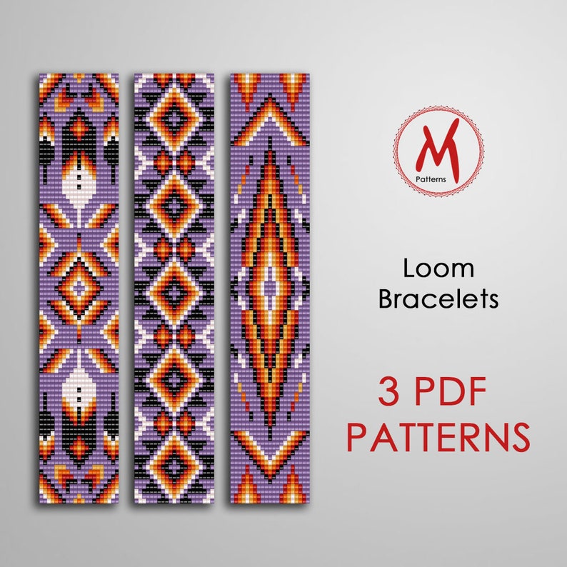 Violet Loom bead patterns for bracelets Set of 3 pattern, native inspired, purple feathers, west indian, beads 11/0 PDF instant download image 1