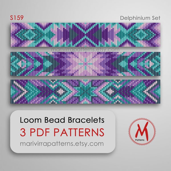 New Delphinium Set of Loom bead patterns for bracelets - native inspired, Fuchsia turquoise colors, beads 11/0 - PDF instant download #S159