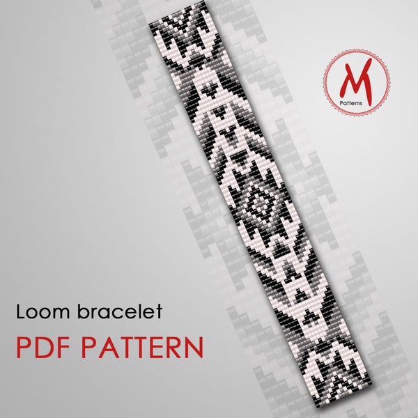Silver Aztec Loom bead pattern for bracelet - native inspired, aztec easy loomed, black pattern, miyuki beads 11/0 - PDF instant download