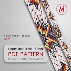 May include: A digital PDF pattern for a loom bead hat band. The design features a colorful geometric pattern in red, yellow, blue, and black on a white background. The text reads "Sunset Indian Hat Band" and "Loom Bead Hat Band PDF PATTERN".