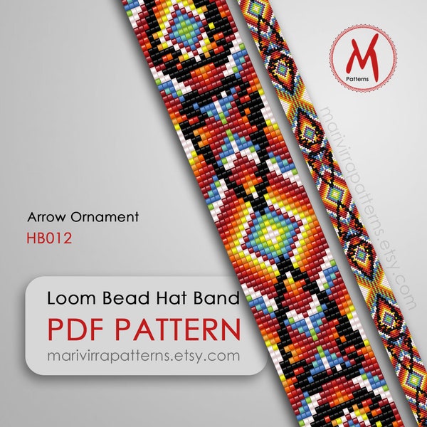 Arrow Ornament Loom bead pattern for hat band, native inspired style western band square, miyuki bead 11/0 size, PDF instant download #HB012