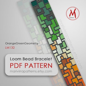 Könnte beinhalten: Ein Perlenarmband-Muster mit geometrischem Design in Orange, Grün, Weiß und Schwarz. Das Muster heißt "OrangeGreenGeometry LM132" und ist als PDF-Download auf marivirrapatterns.etsy.com erhältlich.