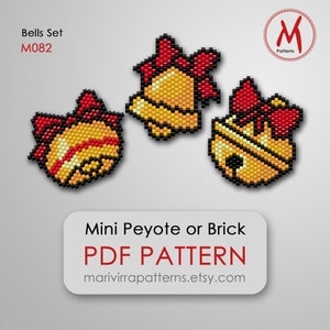 May include: A set of three beaded Christmas bells with red bows. The bells are yellow and gold with black outlines. The pattern is for mini peyote or brick stitch and is available as a PDF download.  The pattern is titled "Bells Set M082" and is from Marivirra Patterns.