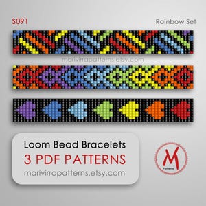 May include: Three loom bead bracelet patterns in a rainbow colour scheme. The patterns are for a chevron, a geometric design, and a row of colourful circles. The image includes the text "S091", "Rainbow Set", "Loom Bead Bracelets", "3 PDF PATTERNS", and "marivirrapatterns.etsy.com".