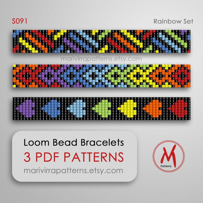 May include: Three loom bead bracelet patterns in a rainbow colour scheme. The patterns are for a chevron, a geometric design, and a row of colourful circles. The image includes the text "S091", "Rainbow Set", "Loom Bead Bracelets", "3 PDF PATTERNS", and "marivirrapatterns.etsy.com".