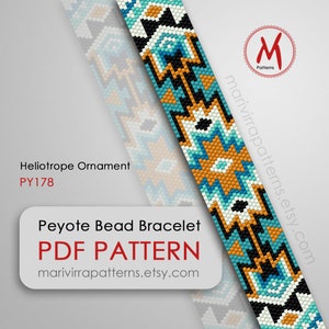 Op de afbeelding: Peyote kralen armband patroon, Heliotroop Ornament PY178, PDF patroon, marivirrapatterns.etsy.com
