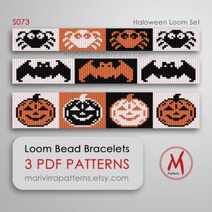 ハロウィン 3 個セット ブレスレット用ルームビーズパターン - オレンジ、黒、カボチャ、ジャック・オー・ランタン、黒、クモ、コウモリ - PDF 即時ダウンロード #S073