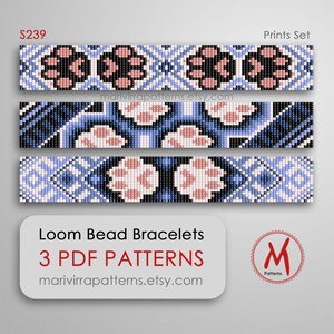 May include: Three loom bead bracelet patterns featuring a paw print design in pink, blue, and black. The patterns are labeled "Prints Set" and the price is $239. The listing includes 3 PDF patterns and the website marivirrapatterns.etsy.com.