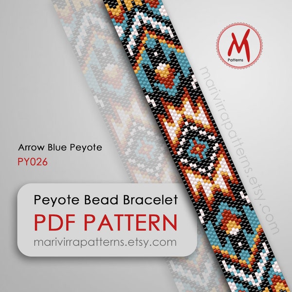 Patrón de cuentas de peyote azul flecha para pulsera - Odd Count, inspiración nativa, ornamento suroeste, cuentas delicadas tamaño 11/0 - Descarga instantánea en PDF