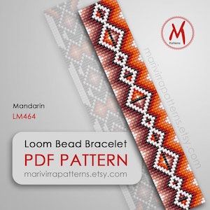 May include: A loom bead bracelet pattern in PDF format. The pattern features a geometric design with orange, red, white, and black beads. The pattern is called "Mandarin" and has the code LM464.