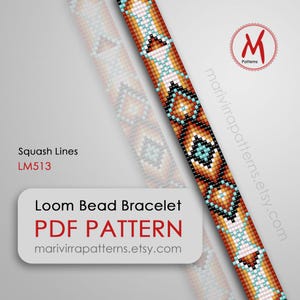 May include: Loom bead bracelet pattern, "Squash Lines LM513", featuring a geometric design with orange, brown, white, blue, and black beads. PDF pattern available at marivirrapatterns.etsy.com.