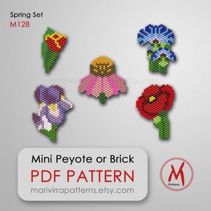 Zestaw wiosennych kwiatów Peyote lub wzór z koralików Brick na kolczyki lub broszkę - mini schemat, koraliki miyuki rozmiar 11/0 - pobierz PDF #M128