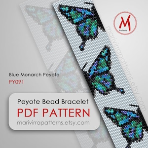 Blue Monarch Peyote bead pattern for bracelet - Turquoise butterfly, Odd Count, miyuki delica seed beads 11/0 - PDF instant download #PY091
