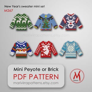 Op de afbeelding: Een verzameling van zes miniatuur geborduurde truienpatronen in verschillende kleuren, waaronder groen, blauw en rood. Elke trui heeft een uniek vakantieontwerp, zoals rendieren en kerstbomen. De afbeelding bevat de tekst "New Year's sweater mini set" en "PDF PATTERN".
