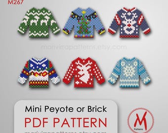 Minitrui rendierset van 6 peyote-kralenpatronen voor kerstminiatuur of -speld - steenbinding, delica rocaille 11/0 - pdf-download #M267