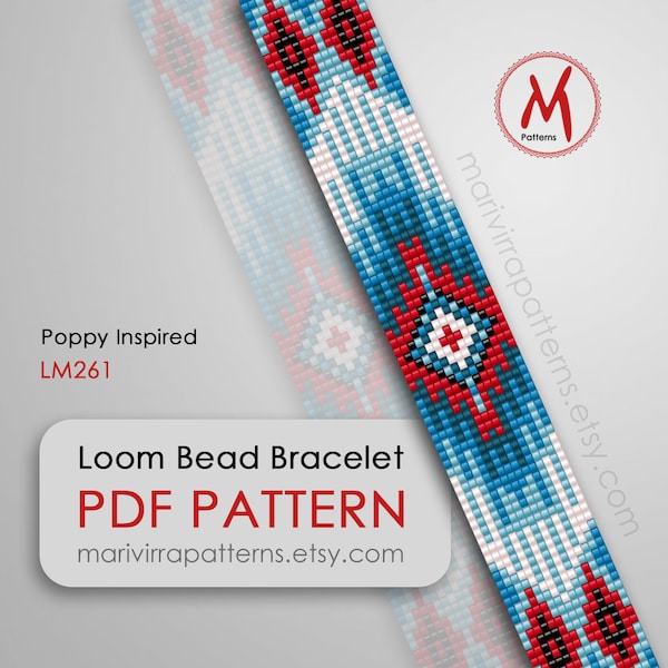 Poppy Inspired Loom bead pattern for bracelet - native  inspired, moderm loomed west, miyuki seed beads 11/0 - PDF instant download #LM261