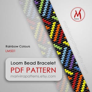 May include: Rainbow loom bead bracelet pattern, PDF download. The pattern features a colorful design with black beads.  LM501. marivirrapatterns.etsy.com