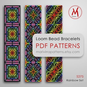 May include: Three colorful loom bead bracelet patterns in PDF format. The patterns feature a rainbow color scheme with black backgrounds. The patterns are available as a set for $275.  Loom Bead Bracelets PDF Patterns marivirrapatterns.etsy.com