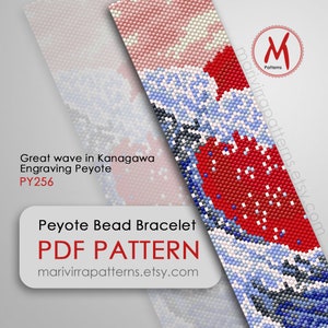 Puede incluir: Un patrón PDF para un brazalete de cuentas peyote con un diseño rojo, blanco y azul inspirado en la Gran Ola de Kanagawa. El patrón se titula "Great wave in Kanagawa Engraving Peyote PY256" y está disponible en marivirrapatterns.etsy.com.