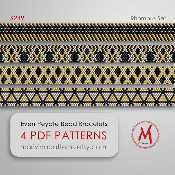 Conjunto de rombos de 4 patrones Even Peyote - pulsera delgada para principiantes, patrones de configuración fáciles, tamaño de cuenta miyuki 11/0 - Descarga instantánea en PDF #S249