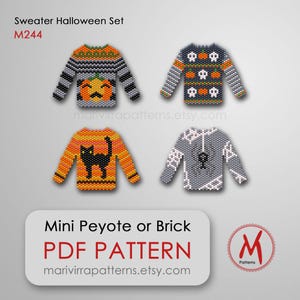 Op de afbeelding: Een set van vier miniatuur kralen Halloween trui patronen. De truien hebben pompoen-, schedel-, kat- en spinnenwebontwerpen. De afbeelding bevat de tekst "Sweater Halloween Set" en "PDF PATTERN".