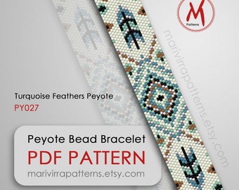 Turquoise Feathers Peyote bead pattern for bracelet - Native inspired, odd count pattern, miyuki seed beads 11/0 size - PDF instant download