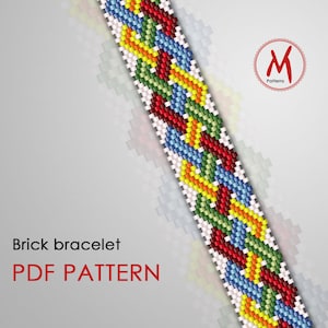 May include: A beaded bracelet pattern featuring a diagonal geometric design in red, yellow, green, blue, and white. The text reads Brick bracelet PDF PATTERN with a circular logo containing the letter M and the word Patterns in the upper right corner.