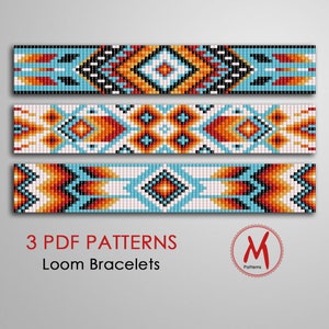 Stripe Loom bead patterns for bracelets - Set of 3 pattern, native inspired, turquoise indian, miyuki beads 11/0 size - PDF instant download