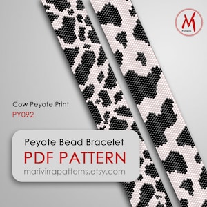 May include: A black and white cow print peyote bead bracelet pattern. The pattern is for a bracelet with a cow print design. The pattern is available as a PDF download. The text "Cow Peyote Print PY092" and "Peyote Bead Bracelet PDF PATTERN marivirrapatterns.etsy.com" is included in the image.