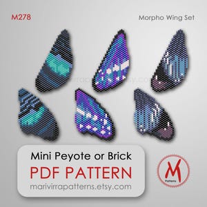 May include: Six beaded butterfly wing patterns in blue, purple, and teal. The wings are arranged in a circular pattern. The image includes text that reads "Mini Peyote or Brick PDF Pattern" and the Etsy shop URL.